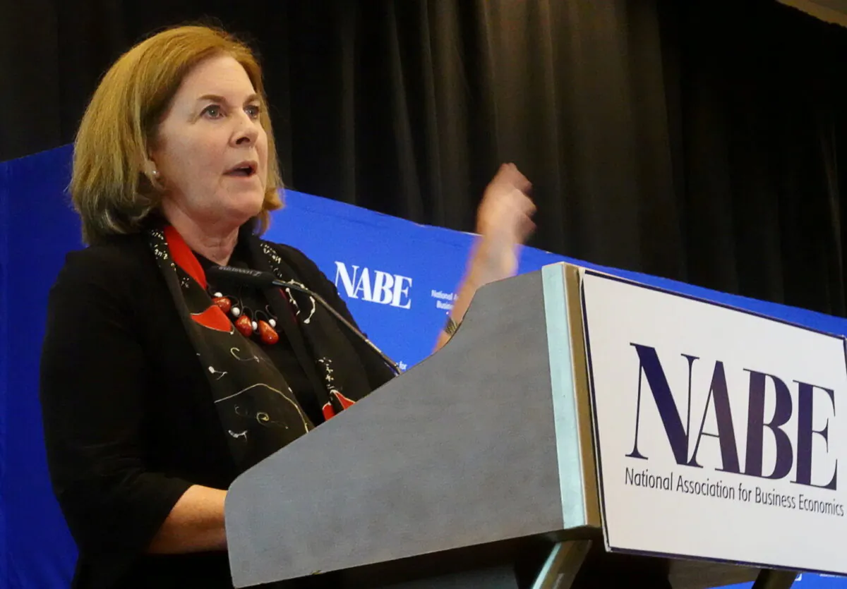 Kansas City Federal Reserve Bank President Esther George addresses the National Association for Business Economics in Denver, Colo., on Oct. 6, 2019. (Ann Saphir/Reuters)