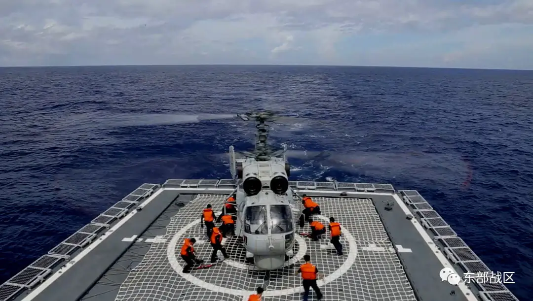 A Navy Force helicopter under the Eastern Theater Command of China's People's Liberation Army (PLA) takes part in military exercises in the waters around Taiwan at an undisclosed location on Aug. 8, 2022. (Eastern Theater Command/Handout via Reuters)