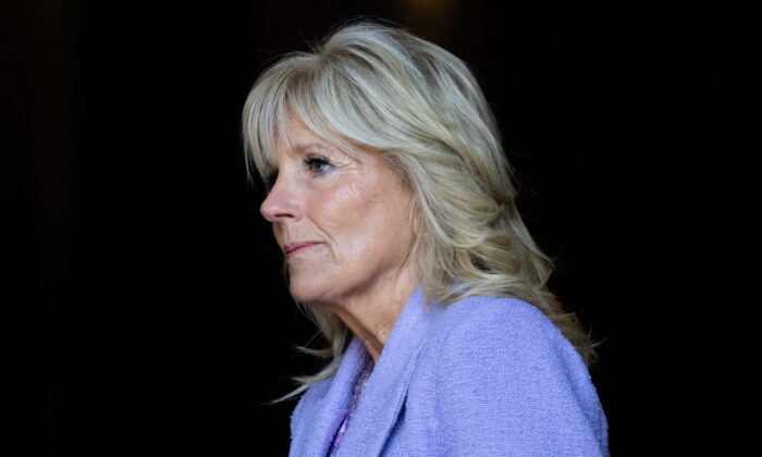 First Lady Jill Biden leaves the Church of the Society of Jesus in Quito, Ecuador, on May 20, 2022. (Erin Schaff/Pool via Reuters)