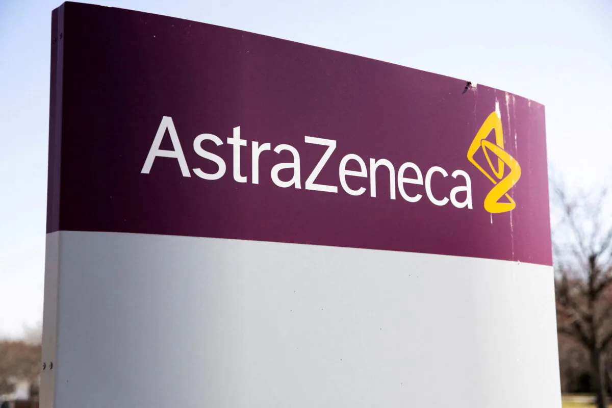 The logo for AstraZeneca outside its North America headquarters in Wilmington, Del., on March 22, 2021. (Rachel Wisniewski/Reuters)