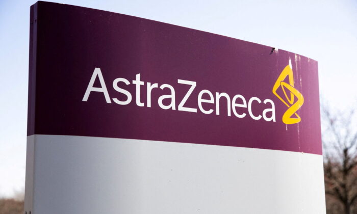 The logo for AstraZeneca outside its North America headquarters in Wilmington, Del., on March 22, 2021. (Rachel Wisniewski/Reuters)