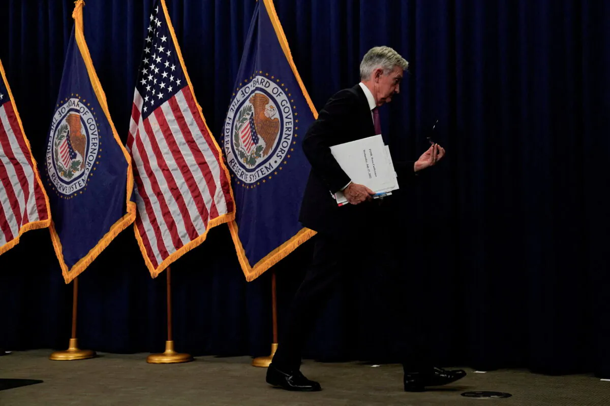 Federal Reserve Chair Jerome Powell leaves after a press conference following a two-day meeting of the Federal Open Market Committee in Washington on July 27, 2022. (Elizabeth Frantz/Reuters)