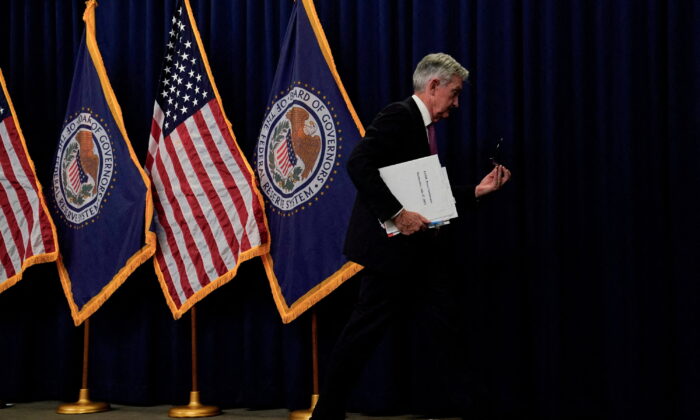 Federal Reserve Chair Jerome Powell leaves after a press conference following a two-day meeting of the Federal Open Market Committee in Washington on July 27, 2022. (Elizabeth Frantz/Reuters)
