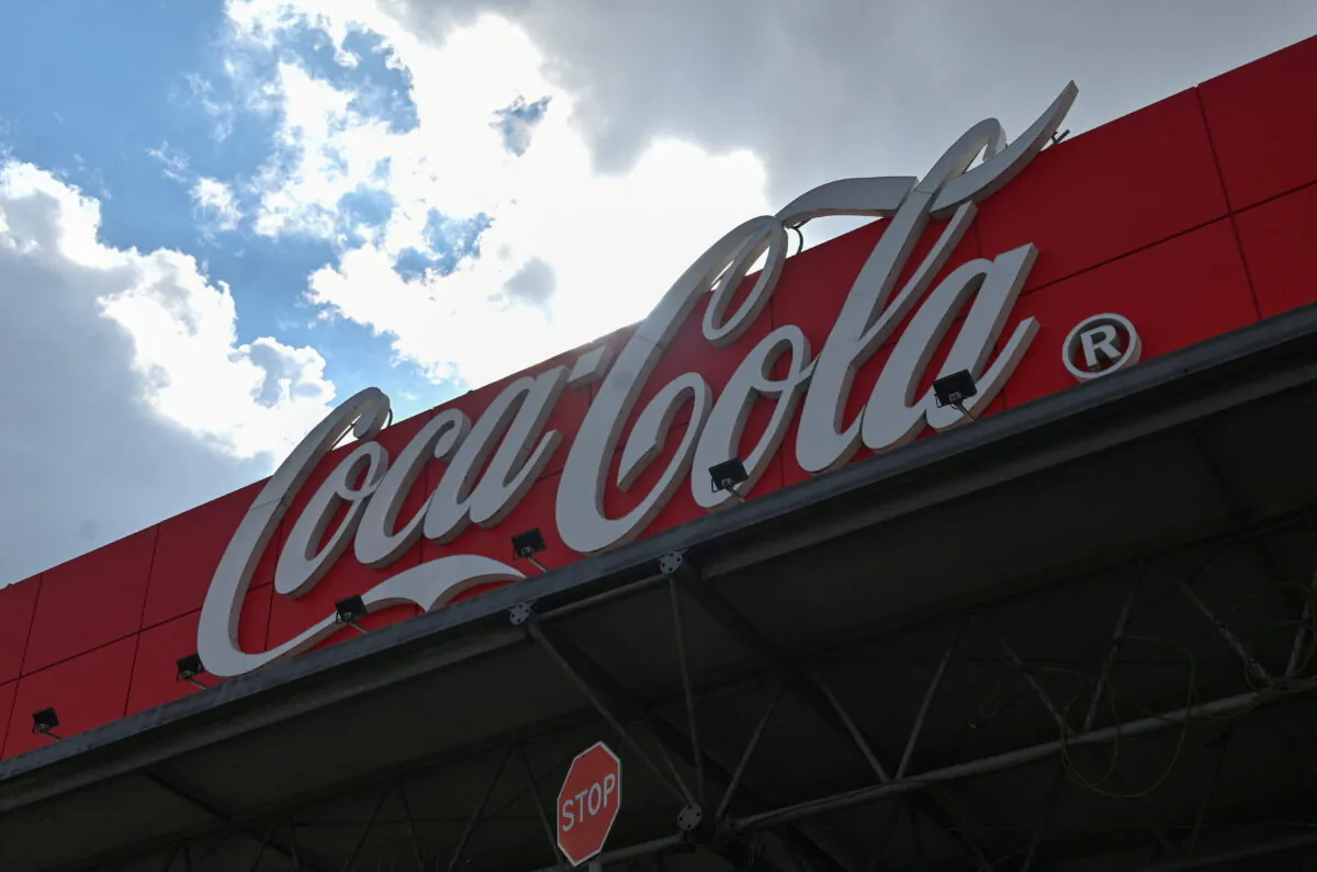 The logo of Coca-Cola at the company's plant in Azov in the Rostov region, Russia, on March 9, 2022. (Sergey Pivovarov/Reuters)