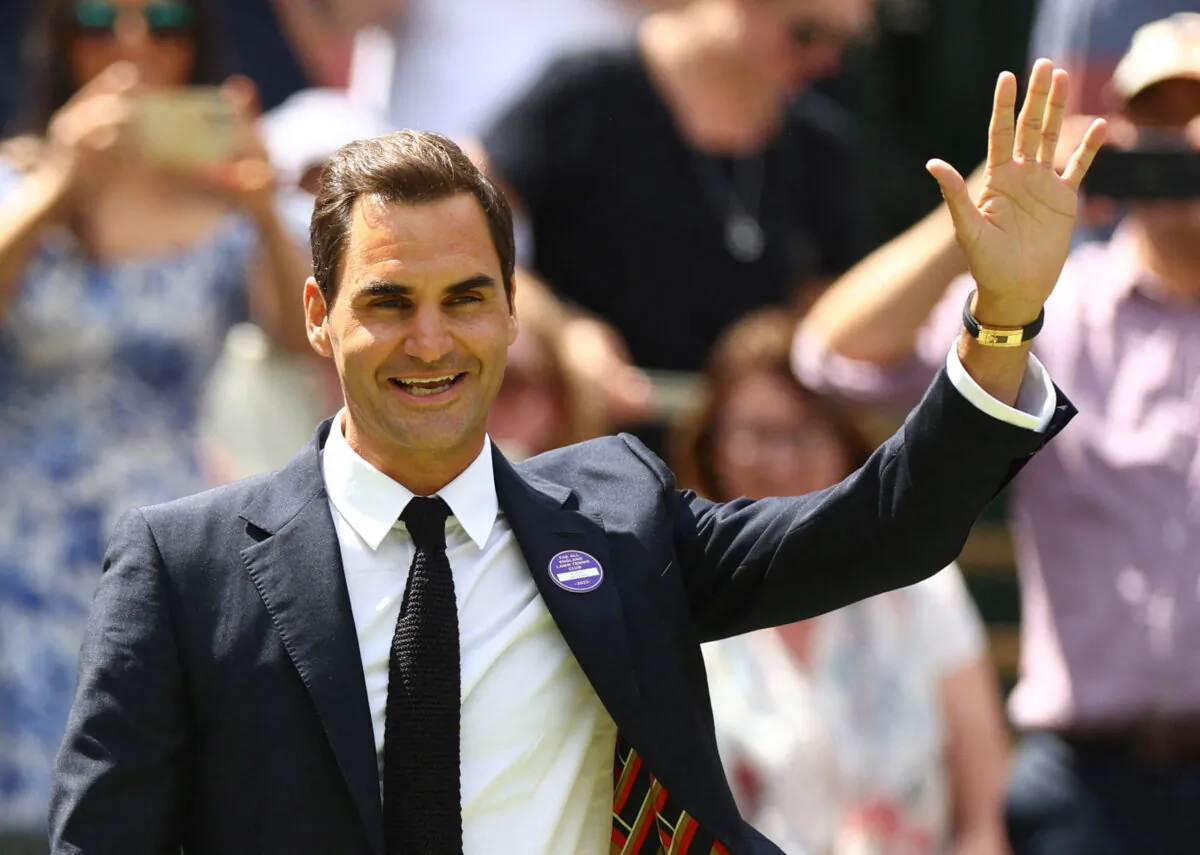 Switzerland's Roger Federer is seen during center court centenary celebrations organized by Wimbledon at All England Lawn Tennis and Croquet Club in London, Britain, on July 3, 2022. (Hannah Mckay/Reuters)