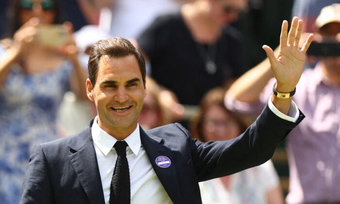 Switzerland's Roger Federer is seen during center court centenary celebrations organized by Wimbledon at All England Lawn Tennis and Croquet Club in London, Britain, on July 3, 2022. (Hannah Mckay/Reuters)