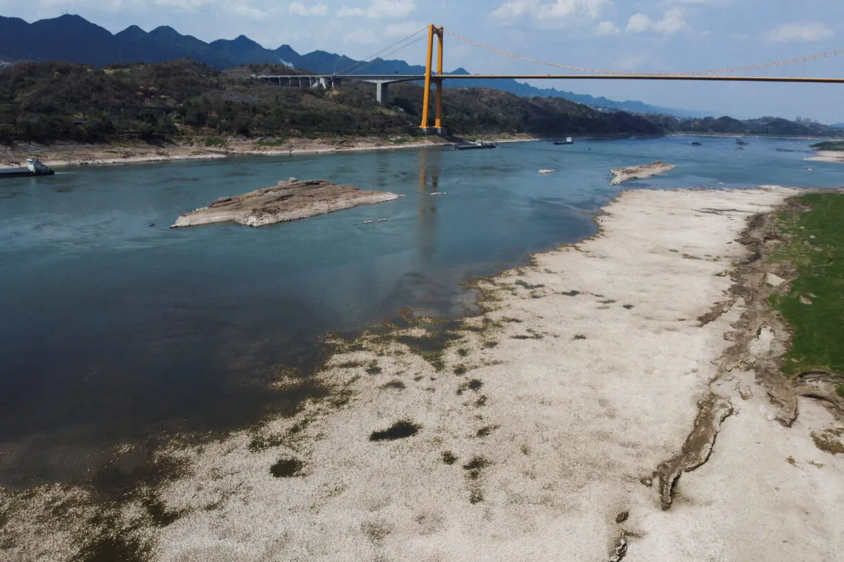 An aerial view shows the Yangtze River that is approaching record-low water levels during a regional drought in Chongqing, China, on Aug. 20, 2022. (Thomas Peter/Reuters)