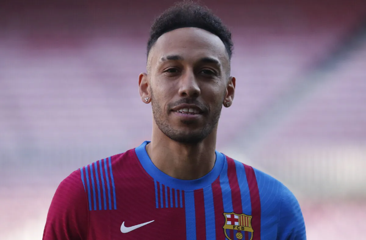 FC Barcelona's new signing Pierre-Emerick Aubameyang poses during the presentation at Camp Nou in Barcelona, Spain on Feb. 3, 2022. (Albert Gea/Reuters)