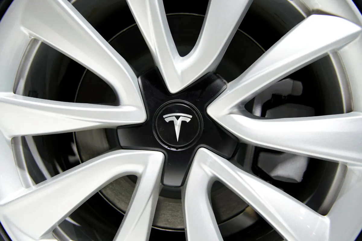 A Tesla logo on a wheel rim during the media day for the Shanghai auto show in Shanghai on April 16, 2019. (Aly Song/Reuters)