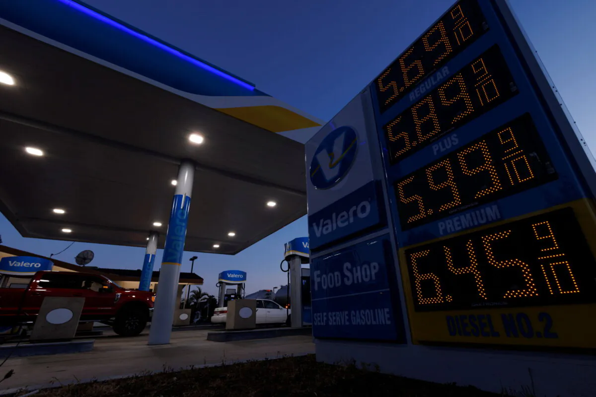 Gasoline prices are displayed as fuel cost continues to climb close to record setting territory in Encinitas, Calif., on May 9, 2022. (Mike Blake/Reuters)