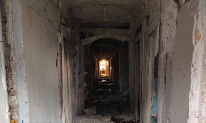 An interior view shows a building damaged by a Russian military strike,  in location given as Marhanets town, in Dnipropetrovsk region, Ukraine, on Aug. 10, 2022. (Press service of the State Emergency Service of Ukraine/Handout via Reuters)