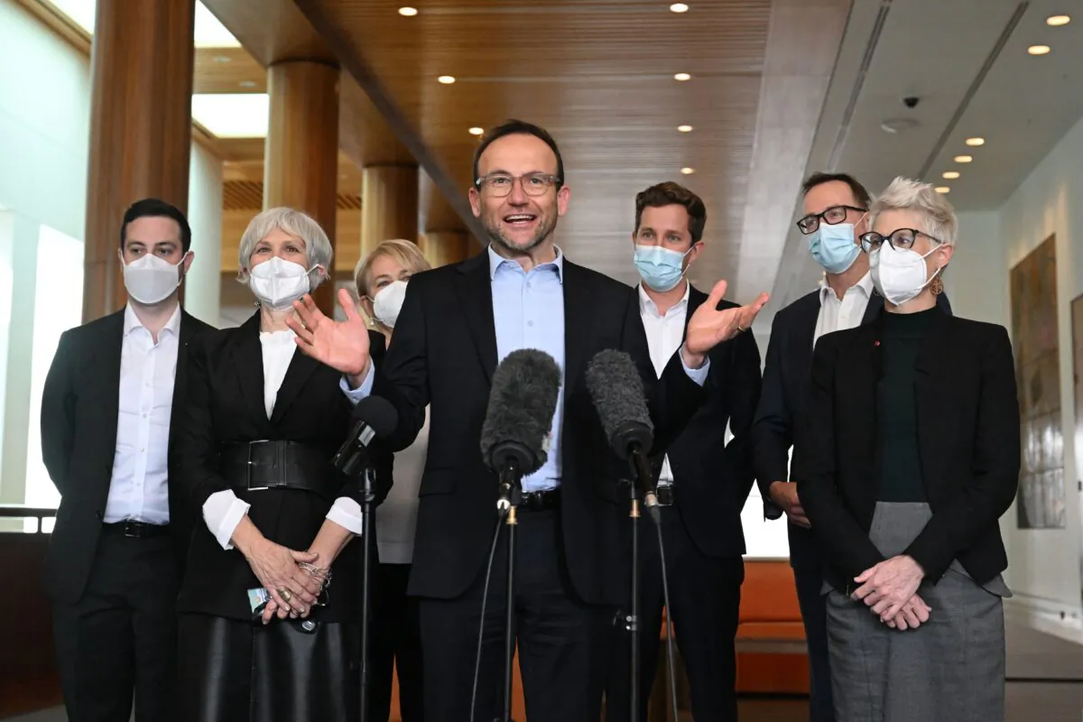 Greens leader Adam Bandt at a press conference with newly sworn in Greens senators and members at Parliament House in Canberra, Australia on July 26, 2022. (AAP Image/Mick Tsikas) 