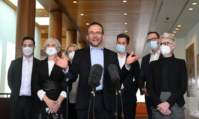 Greens leader Adam Bandt at a press conference with newly sworn in Greens senators and members at Parliament House in Canberra, Australia on July 26, 2022. (AAP Image/Mick Tsikas) 