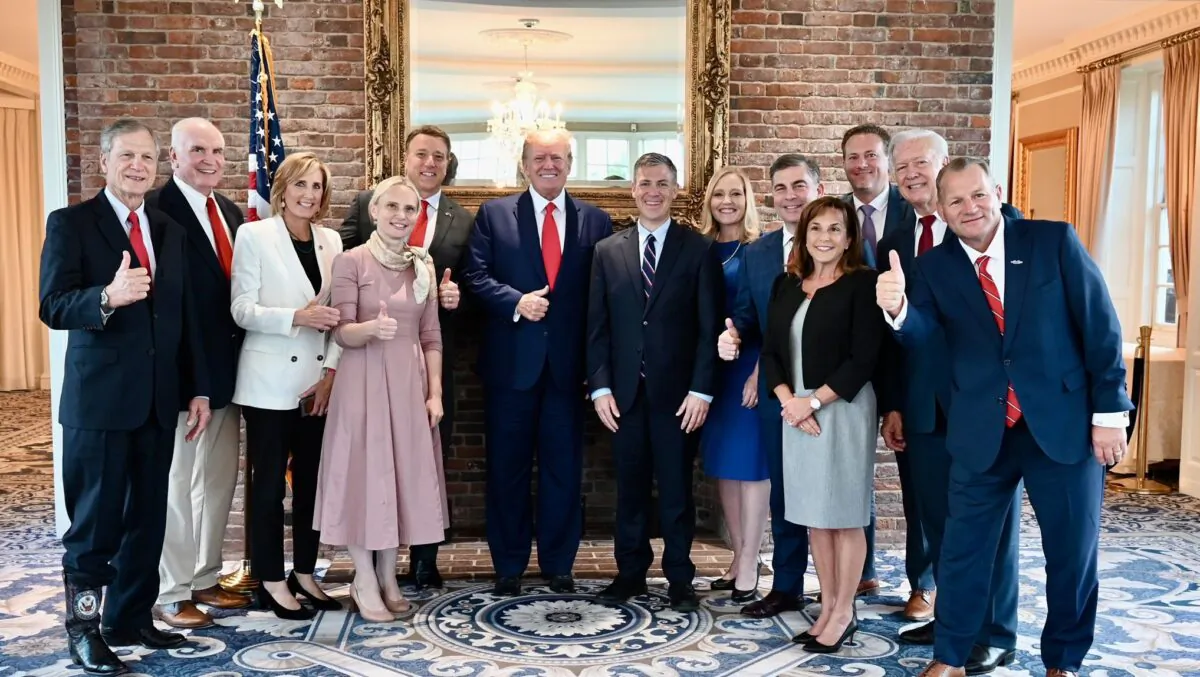 A photo released by Rep. Jim Banks' office on Aug. 9, 2022, shows former President Donald Trump and members of the committee at Trump's New Jersey residence. (Office of Rep. Jim Banks/Twitter)