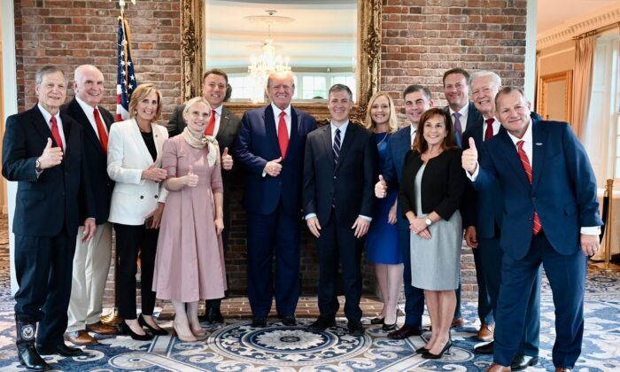 A photo released by Rep. Jim Banks' office on Aug. 9, 2022, shows former President Donald Trump and members of the committee at Trump's New Jersey residence. (Office of Rep. Jim Banks/Twitter)