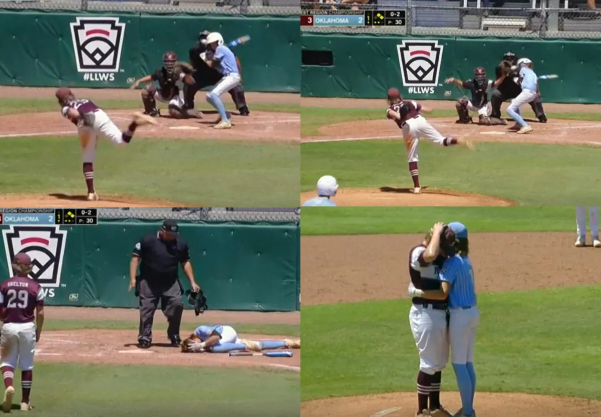 In this combination of photos from video provided by ESPN, pitcher Kaiden Shelton (29), of Pearland, Texas, throws to batter Isaiah Jarvis, of Tulsa, Okla., when an 0–2 pitch got away from him and slammed into Jarvis' helmet during a Little League Southwest Regional Playoff baseball final, in Waco, Texas, Tuesday, August 9, 2022. (ESPN/via AP)