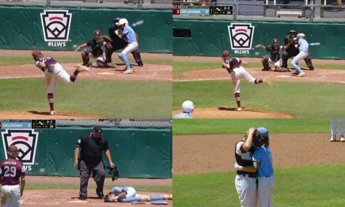 In this combination of photos from video provided by ESPN, pitcher Kaiden Shelton (29), of Pearland, Texas, throws to batter Isaiah Jarvis, of Tulsa, Okla., when an 0–2 pitch got away from him and slammed into Jarvis' helmet during a Little League Southwest Regional Playoff baseball final, in Waco, Texas, Tuesday, August 9, 2022. (ESPN/via AP)