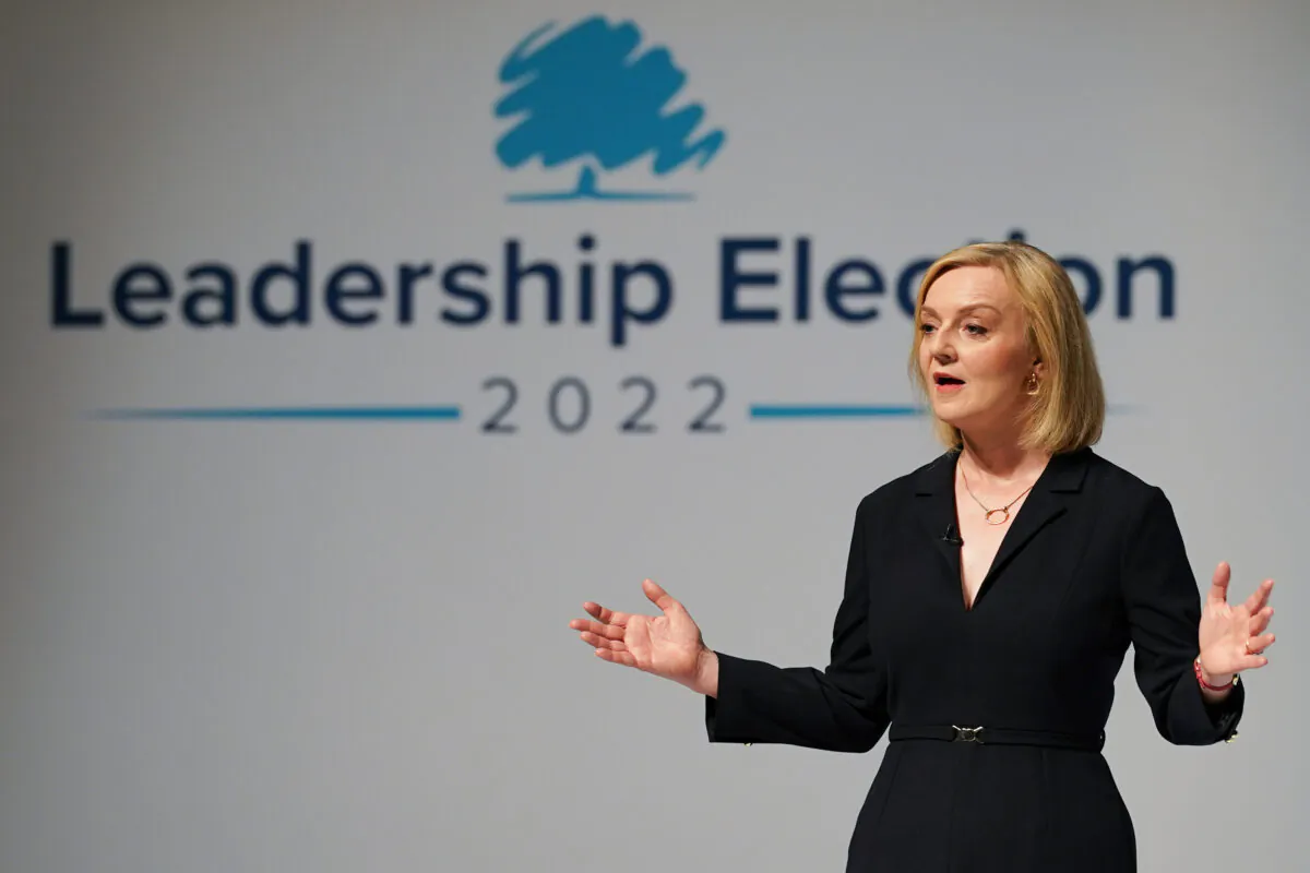 Conservative Leadership hopeful Liz Truss speaks at the fifth Conservative leadership hustings before an audience of Party members and media at the Darlington Hippodrome in Darlington, England, on Aug. 09, 2022. (Ian Forsyth/Getty Images)