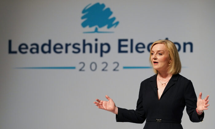 Conservative Leadership hopeful Liz Truss speaks at the fifth Conservative leadership hustings before an audience of Party members and media at the Darlington Hippodrome in Darlington, England, on Aug. 09, 2022. (Ian Forsyth/Getty Images)