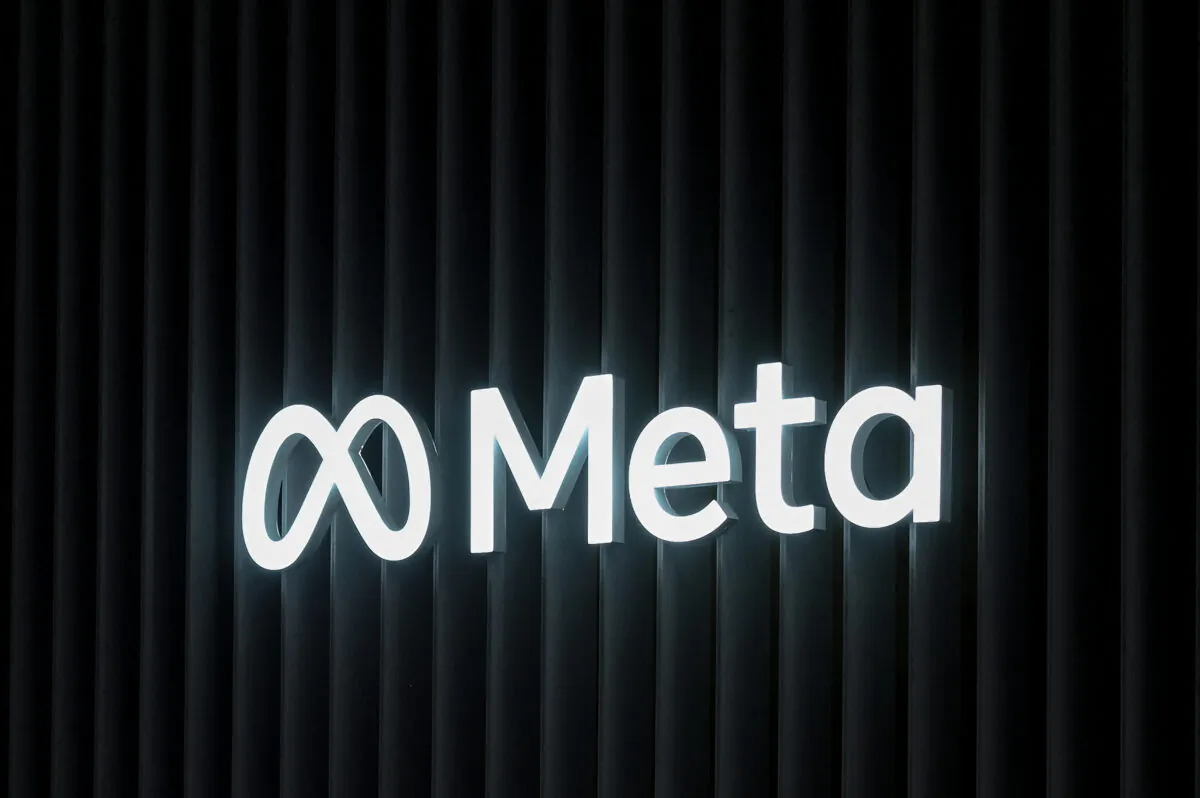 The logo of Meta displayed on a booth ahead of the World Economic Forum (WEF) annual meeting in Davos, Switzerland, on May 22, 2022. (Fabrice Coffrini/AFP via Getty Images)