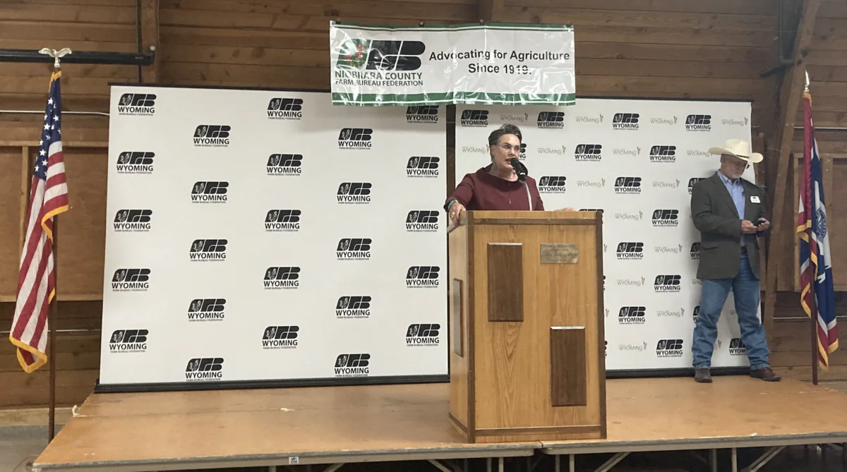 Wyoming Republican congressional candidate Harriet Hageman during a forum at the Niobrara County Fairgrounds in Lusk, Wyoming, on Aug. 9. (John Haughey/The Epoch Times)