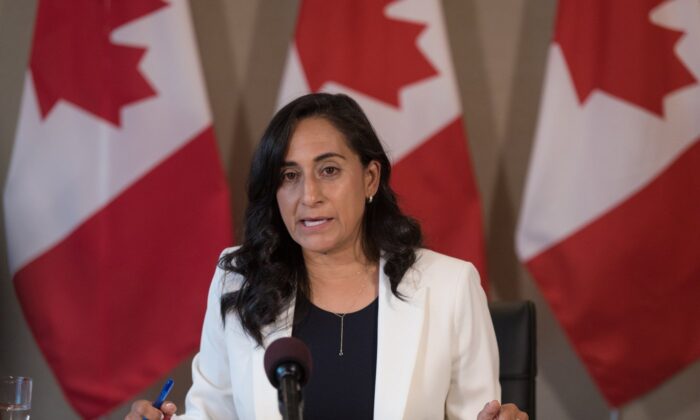 Minister of National Defence Anita Anand speaks during a press conference in Toronto, on Aug. 4, 2022. (The Canadian Press/ Tijana Martin)