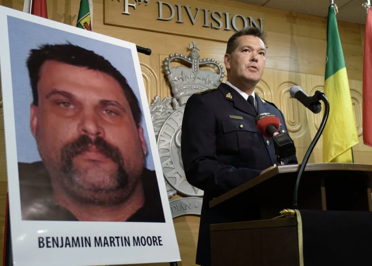 Chief Superintendent Tyler Bates, of the RCMP's South District Management Team, speaks during a press conference in Regina on Aug. 9, 2022. (The Canadian Press/Michael Bell)