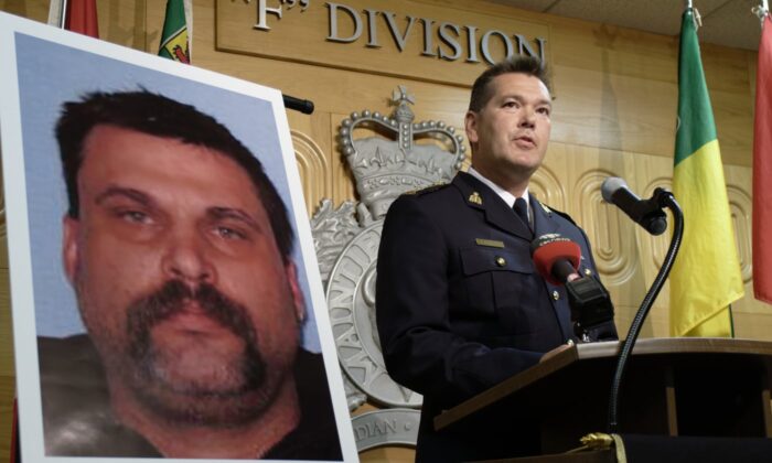 Chief Superintendent Tyler Bates, of the RCMP's South District Management Team, speaks during a press conference in Regina on Aug. 9, 2022. (The Canadian Press/Michael Bell)