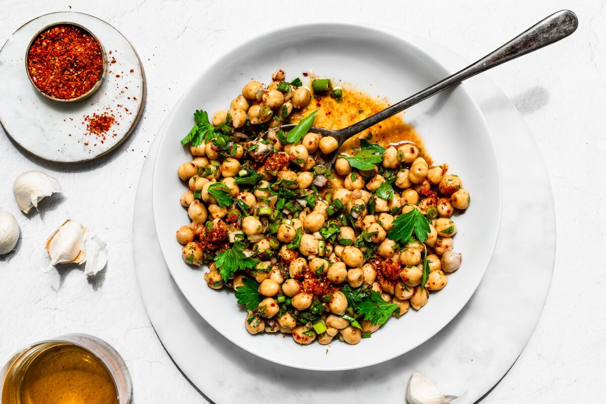 This quick and easy chickpea salad gets a smoky-sweet kick from gochugaru, Korean chile powder. (Jennifer McGruther)