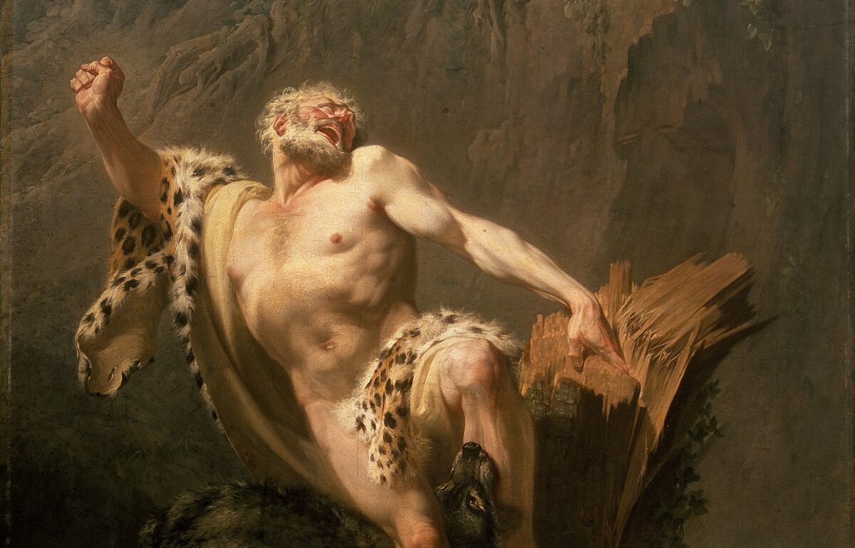A detail showing the agony of Milo of Croton, whose pride led to his death. “The Death of Milo of Croton,” 1761, by Jean Jacques Bachelier. Oil on Canvas, 96 inches by 75 inches. National Gallery of Ireland. (CC BY-SA 4.0)