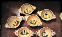 Hand-Painted Bowls With Ears Made by French Pottery in Mid-1900S