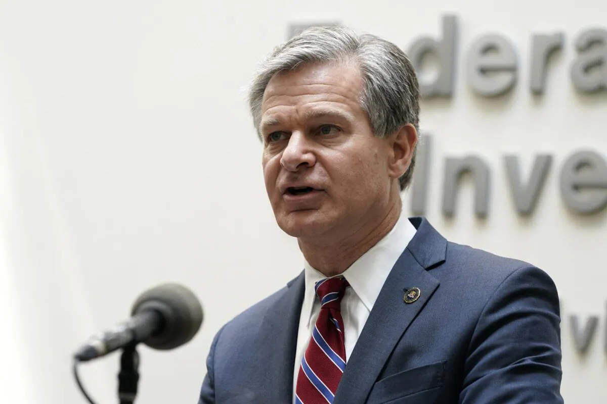 FBI Director Christopher Wray speaks during a news conference in Omaha, Neb., on Aug. 10, 2022. (Charlie Neibergall/AP Photo)
