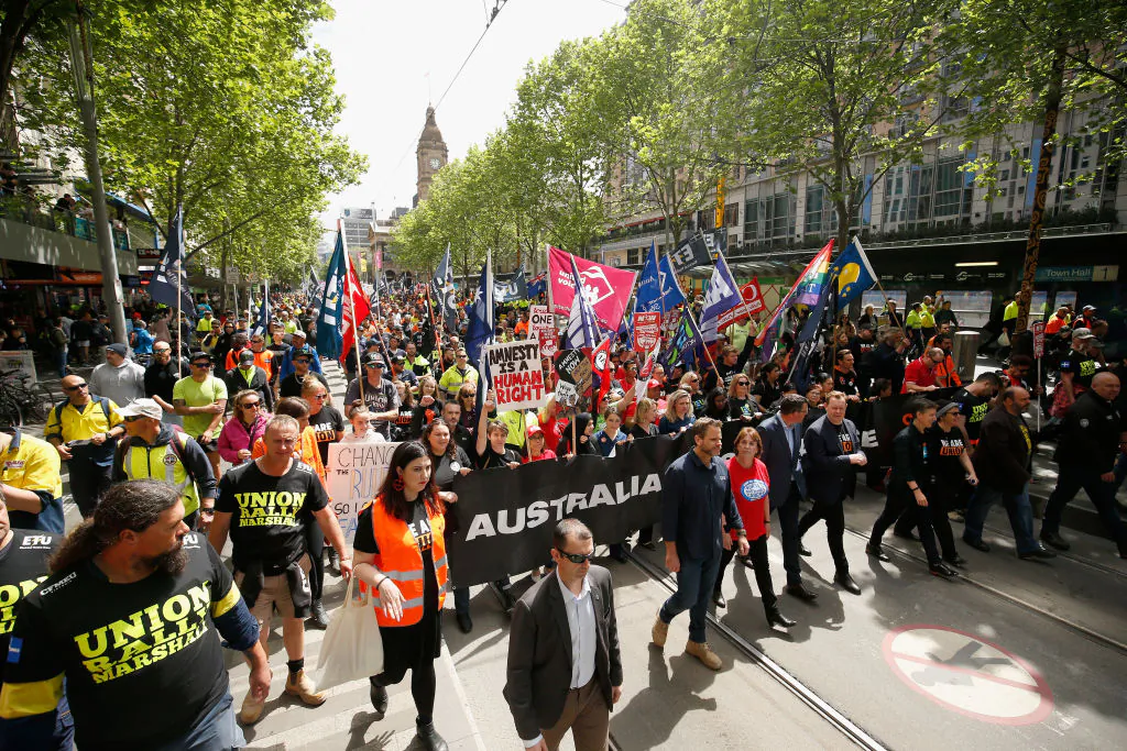 Protesters take part in a rally organised by the ACTU in Melbourne on Oct. 23, 2018. (Darrian Traynor/Getty Images)