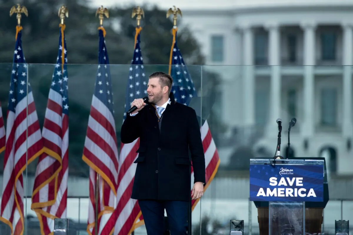 Eric Trump speaks during a rally of supporters of then-U.S. President Donald Trump on The Ellipse outside of the White House in Washington on Jan. 6, 2021. (Brendan Smialowski/AFP via Getty Images)