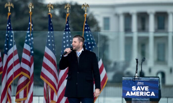 Eric Trump speaks during a rally of supporters of then-U.S. President Donald Trump on The Ellipse outside of the White House in Washington on Jan. 6, 2021. (Brendan Smialowski/AFP via Getty Images)