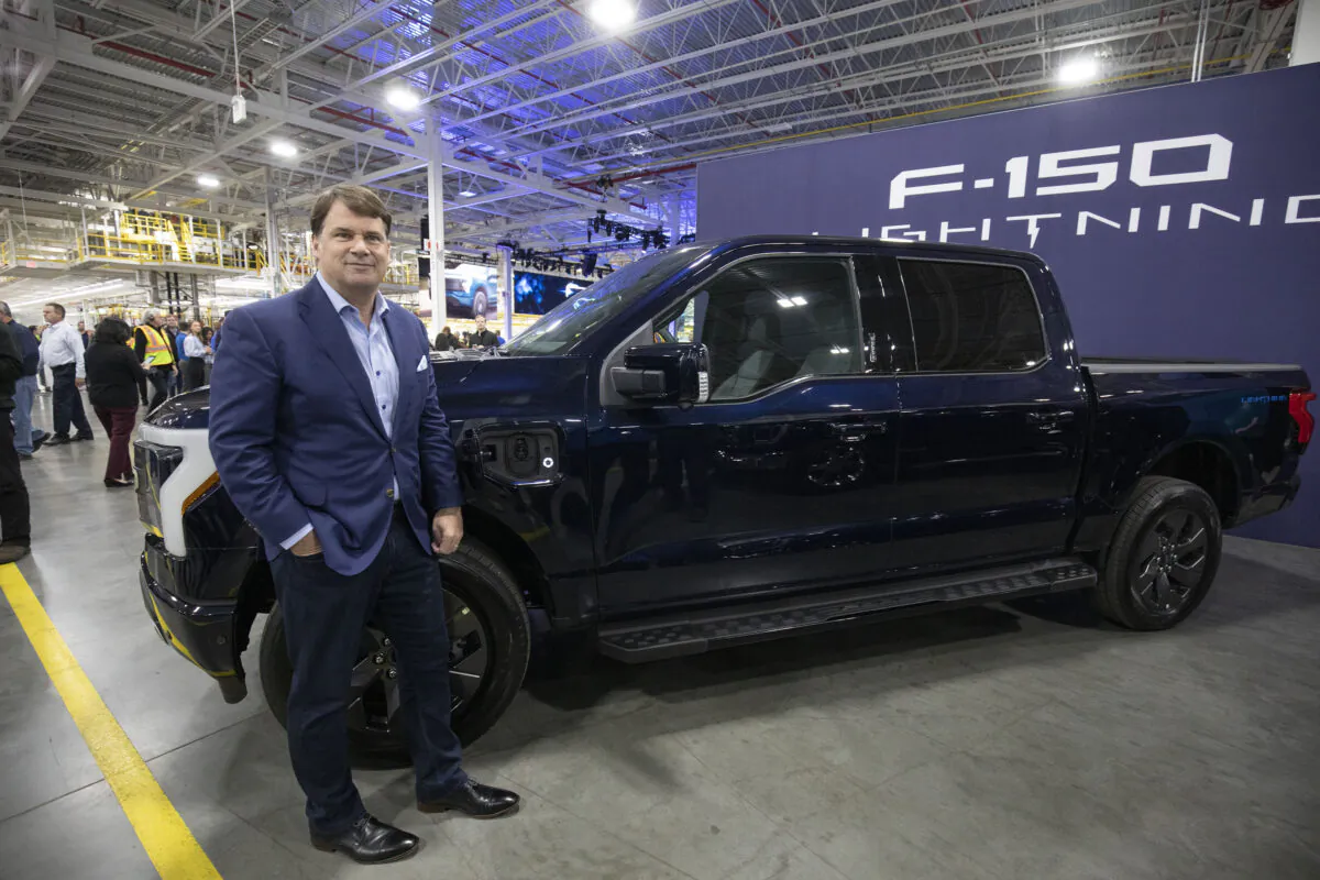 Ford CEO Jim Farley poses for a photo at the launch of the all-new electric Ford F-150 Lightning pickup truck at the Ford Rouge Electric Vehicle Center in Dearborn, Michigan, on April 26, 2022. (Bill Pugliano/Getty Images)