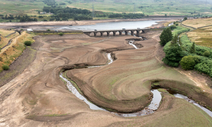 Low water level in the Woodhead reservoir in Glossop, England, on July 21, 2022. (Christopher Furlong/Getty Images)