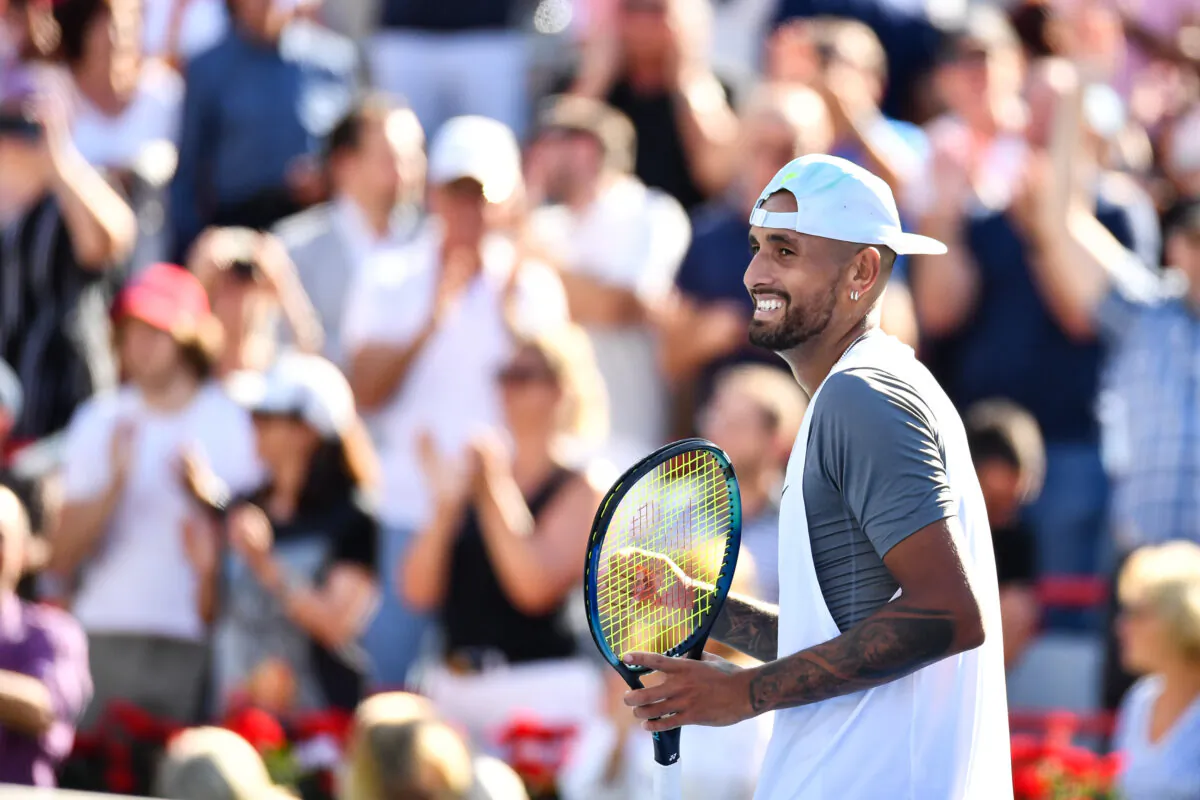 Nick Kyrgios of Australia celebrates his victory against Daniil Medveded during Day 5 of the National Bank Open at Stade IGA in Montreal on Aug. 10, 2022. (Minas Panagiotakis/Getty Images)