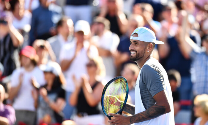 Nick Kyrgios of Australia celebrates his victory against Daniil Medveded during Day 5 of the National Bank Open at Stade IGA in Montreal on Aug. 10, 2022. (Minas Panagiotakis/Getty Images)