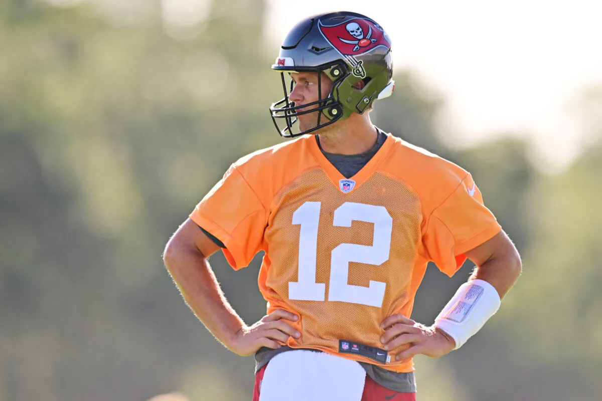 Tom Brady (12) of the Tampa Bay Buccaneers looks on during Buccaneers Training Camp at AdventHealth Training Center in Tampa, Fla., on July 27, 2022. (Julio Aguilar/Getty Images)