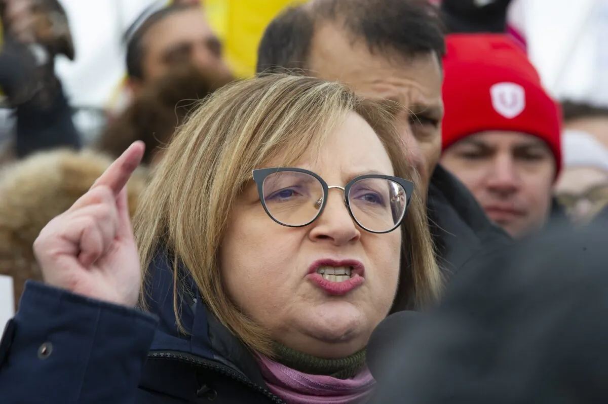 Lana Payne, secretary and treasurer for Unifor, speaks during a rally on the picket line outside the Co-op Refinery in Regina on Jan. 22, 2020. (The Canadian Press/Mark Taylor)