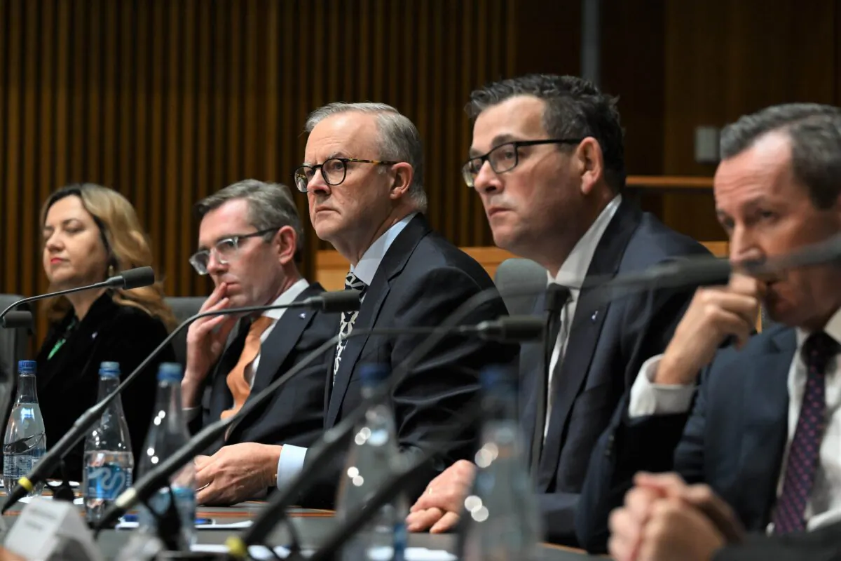 (From L to R) Queensland Premier Annastacia Palaszczuk, NSW Premier Dominic Perrottet, Prime Minister Anthony Albanese, Victorian Premier Daniel Andrews and Western Australia Premier Mark McGowan at a press conference after a National Cabinet meeting at Parliament House in Canberra, Australia, on June 17, 2022. (AAP Image/Mick Tsikas)