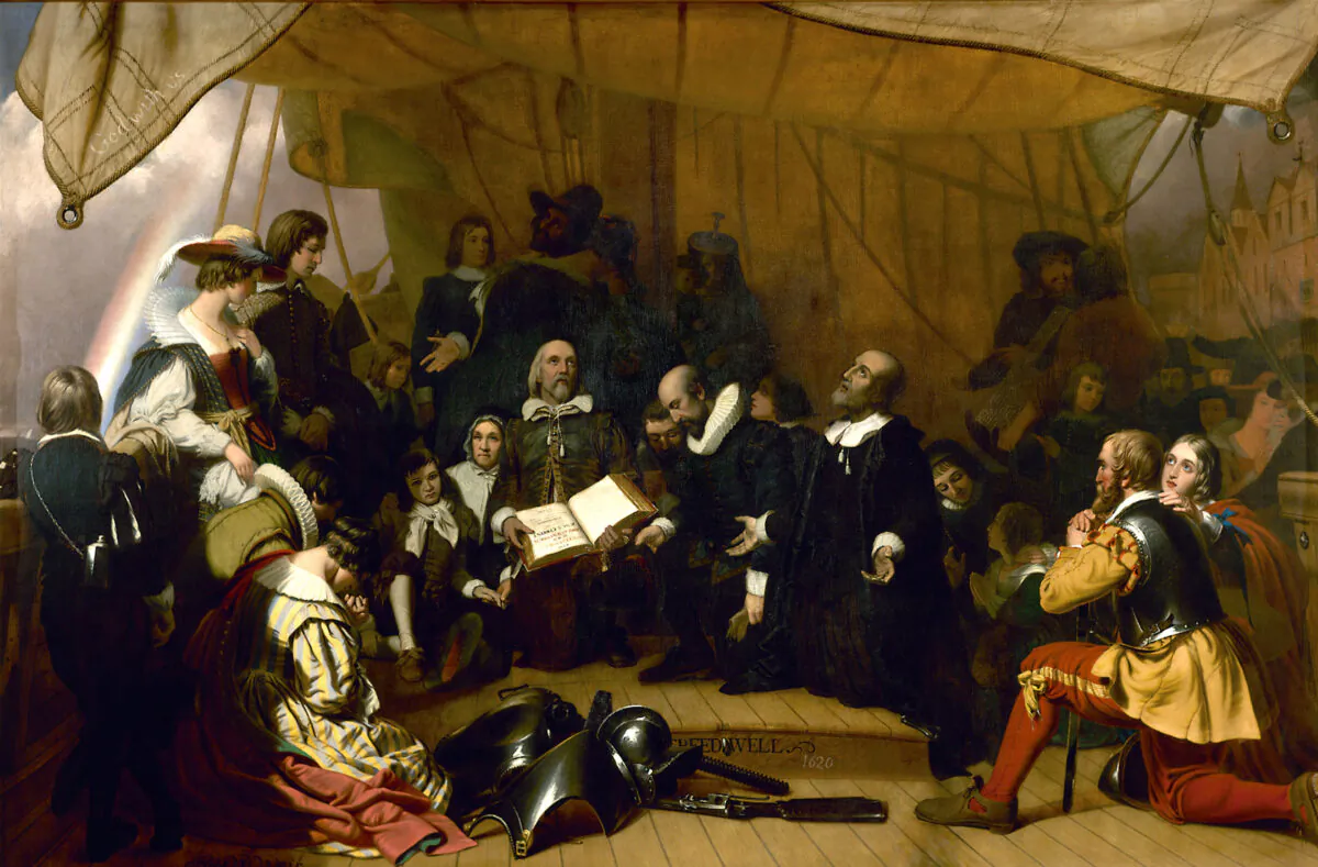 Pilgrims including John Carver pray aboard the Wellbound, a sister ship to the Mayflower, during their voyage to the New World in 1620, in a painting by Robert Walter Weir. In the early years of European colonies, all education was faith-based. (Public Domain)