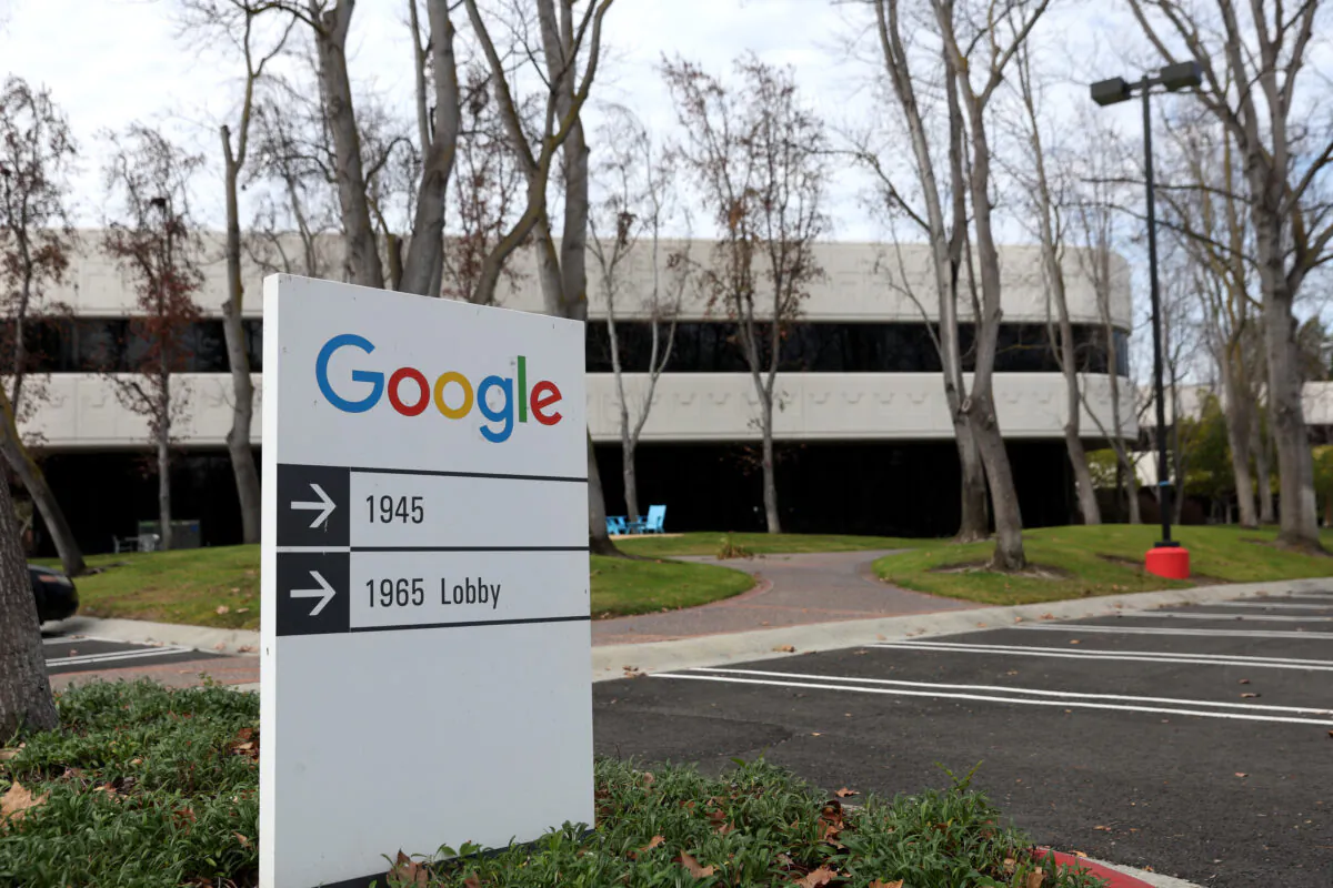 A sign is posted in front of a building on the Google campus in Mountain View, Calif., on Jan. 31, 2022. (Justin Sullivan/Getty Images)