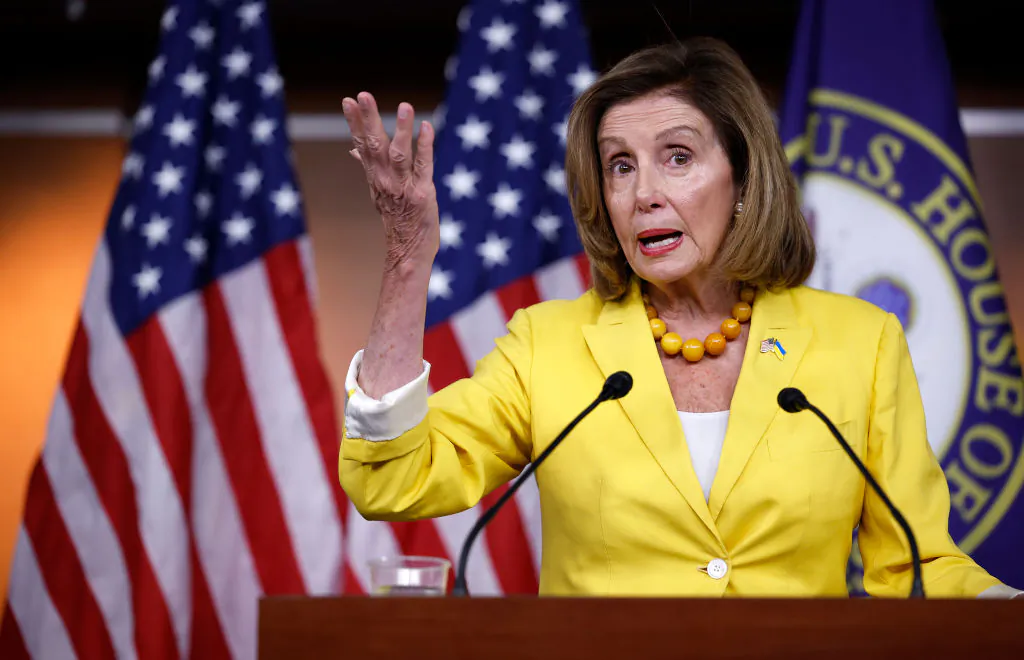 House Speaker Nancy Pelosi (D-Calif.) talks to reporters at the U.S. Capitol in Washington on Aug. 12, 2022. (Chip Somodevilla/Getty Images)