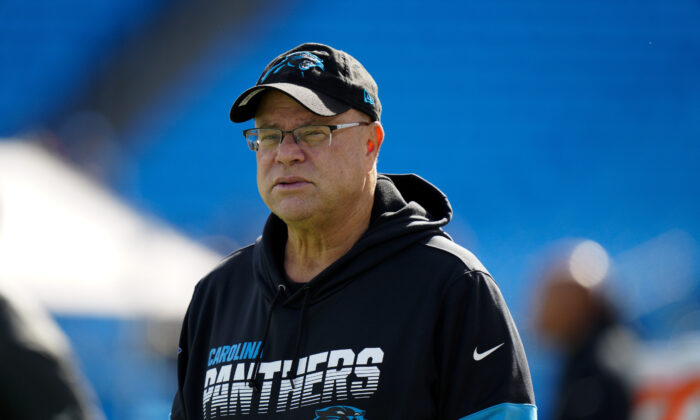 Carolina Panthers owner David Tepper watches during warm ups before an NFL football game against the New England Patriots, in Charlotte,Sunday, Nov. 7, 2021, . (Jacob Kupferman/AP Photo)