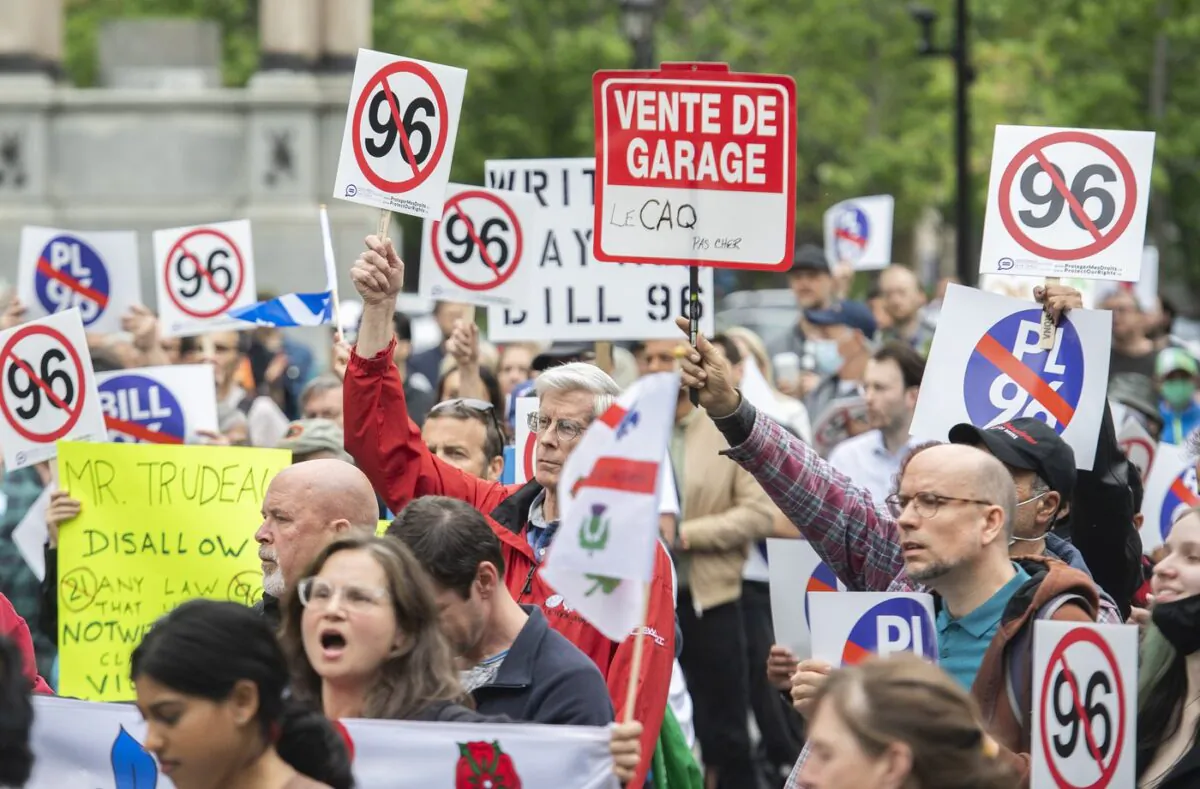 People take part in a protest against Bill 96 in Montreal on May 26, 2022. (The Canadian Press/Graham Hughes)