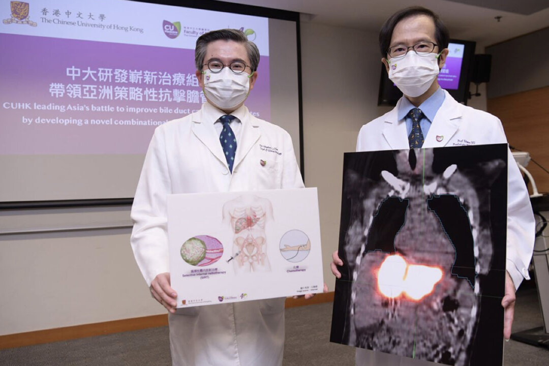 A multi-center clinical study led by the Faculty of Medicine at CUHK found that selective internal radiation therapy (SIRT) combined with standard chemotherapy can effectively treat intrahepatic cholangiocarcinoma that is not suitable for surgical resection. (L) Prof. Chan Lam, Ip's Family Trust, Department of Oncology, Faculty of Medicine, CUHK. (R) Prof. Yu Jun-ho, Professor of the Department of Imaging and Interventional Radiology, Faculty of Medicine, CUHK. (CUHK Communications and Public Relations Office)