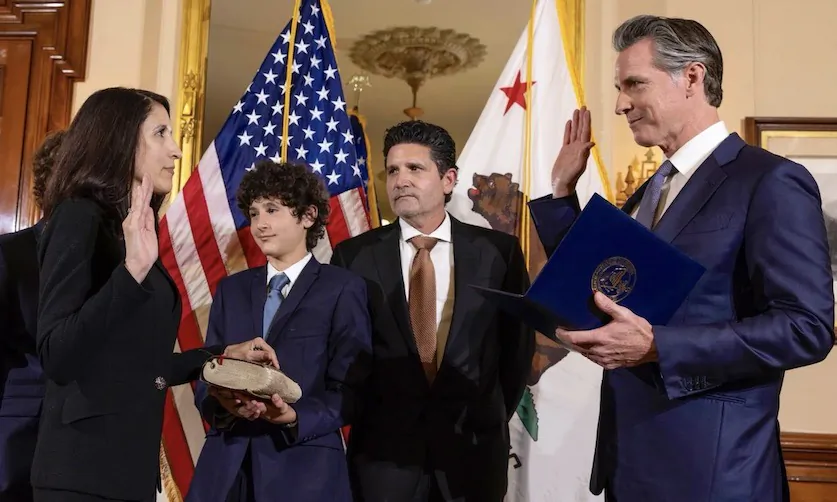 Justice Patricia Guerrero is sworn into the California Supreme Court in Sacramento on March 28, 2022. (Courtesy of the Office of the Governor of California)