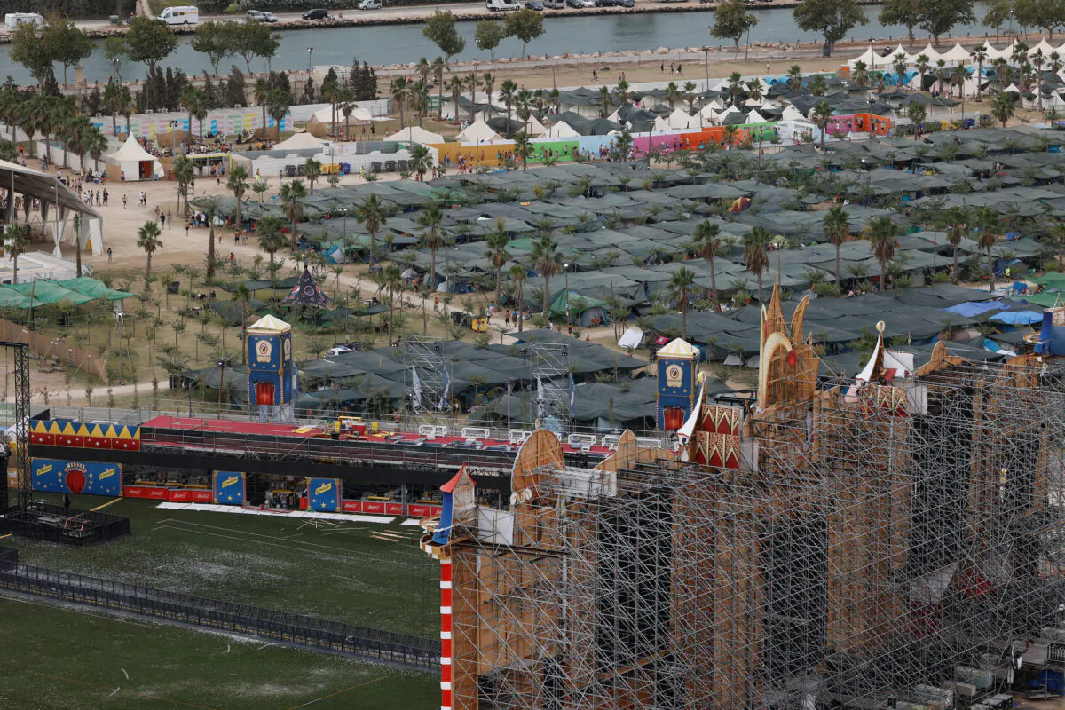The Medusa music festival venue after high winds caused part of a stage to collapse, in Cullera, near Valencia, Spain, on Aug. 13, 2022. (Eva Manez/Reuters)